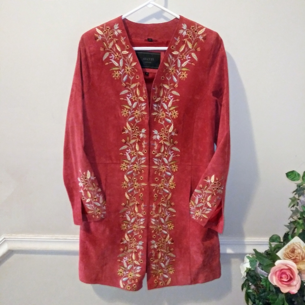 Avanti Boho/Southwestern Brick Red, Floral Embroidered Genuine Suede Coat - Picture 1 of 16